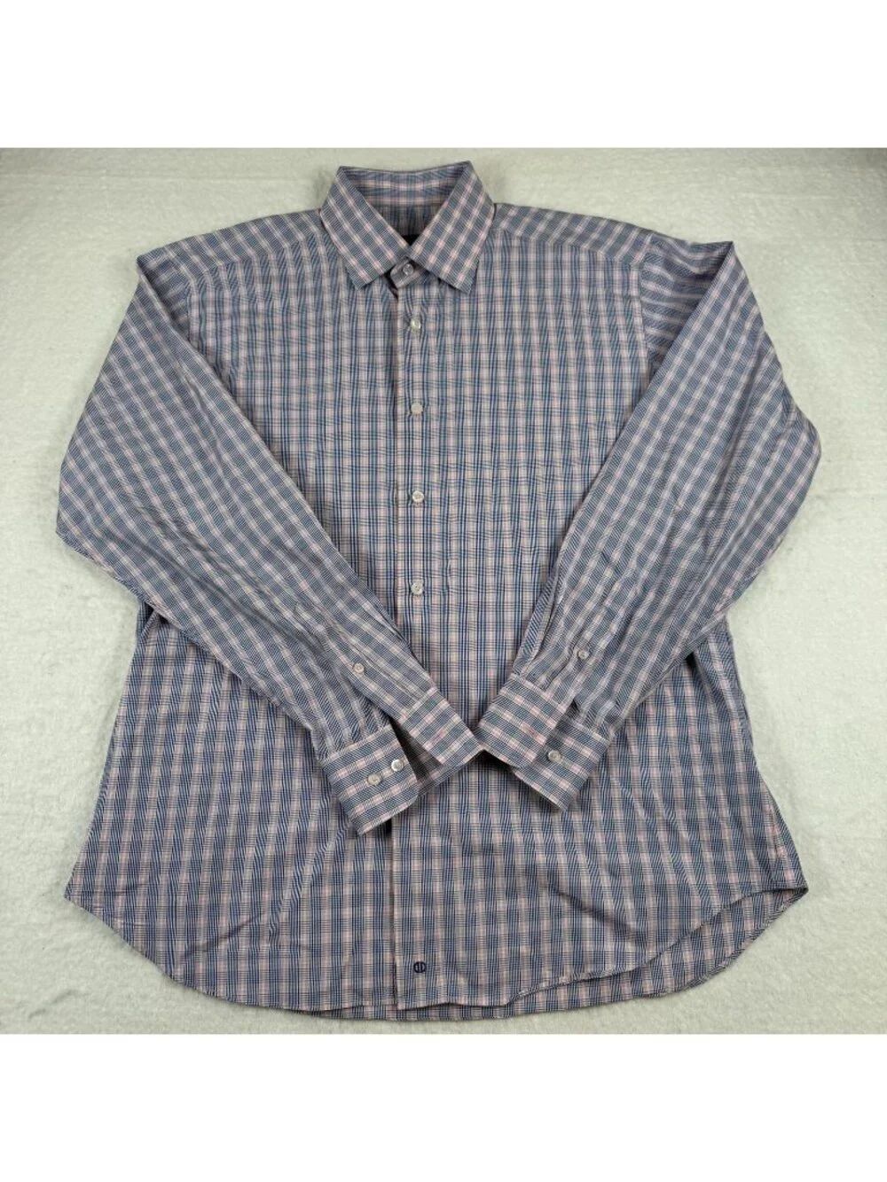David Donahue Dress Shirt Mens Size 16 Blue Check Cotton Spread Collar 34/35